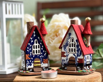 Ceramic house miniature candle holder mother of the groom gift, Pottery lighted house gifts for others and home decorative item