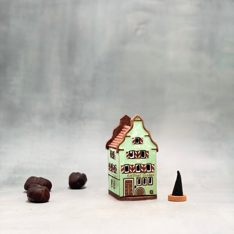 Incense cone holder tiny Rothenburg ob der tauber house bookshelf decor, Handmade ceramics cottagecore decor incense burner image 3