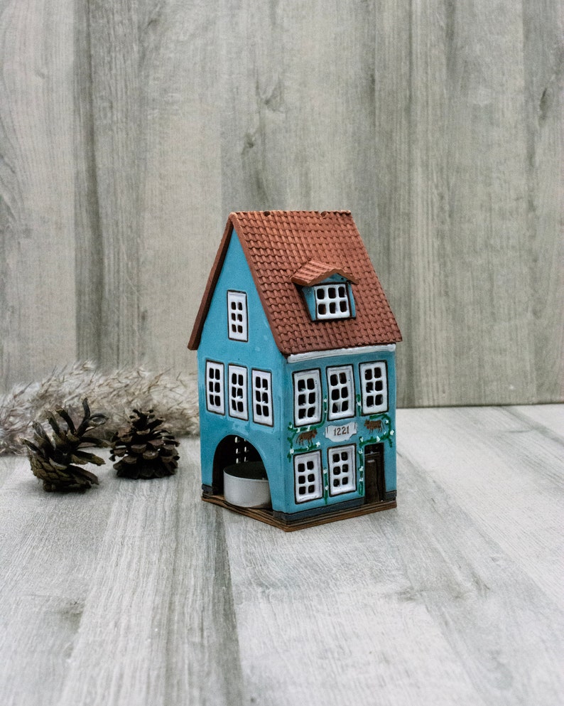 Ceramic tea light house collectible miniature house warming gifts new home, Pottery handmade cottagecore decor desk lamp best friend gift image 7