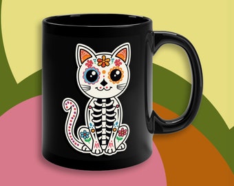 Colorful Day of the Dead Cat gift Sugar skull mugs gift for Day of the Dead art Cat goth Dia de Los Muertos gifts Halloween skeleton Cat