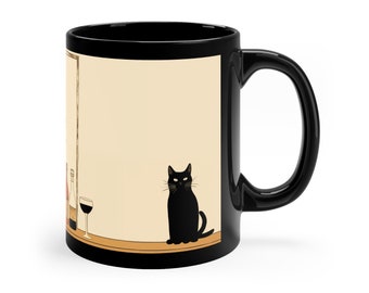 Minimalist Cat gift Cats gift black Cat gift Cat mugs Cat gift for minimalism art lover Cat coffee cups Cat with wine minimalist art