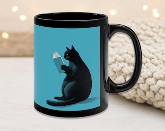 Black Cat Reading Mug | Cozy Book Lover Gift, Cute Cat Reader Cup, Literary Cat Coffee Mug, Bibliophile Gift for Readers & Cat Moms