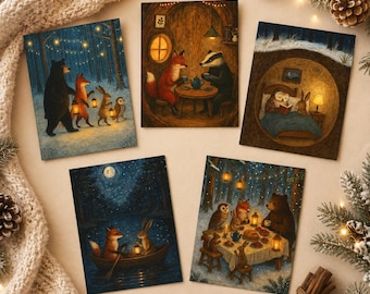 Winter Solstice 5-Card Set, Woodland Greeting Cards, Moon & Forest Animals, Nature Art Stationery, Pagan Gift, Yule Holiday Notecards