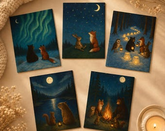 Winter Solstice 5-Card Set, Witchy, Woodland Greeting Cards, Moon & Forest Animals, Nature Art Stationery, Pagan Gift, forestcore