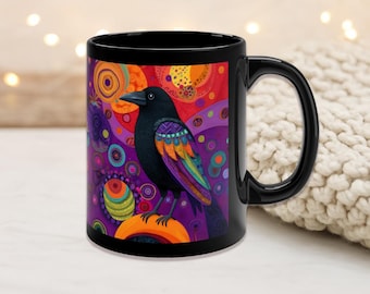 Vibrant Crow Art Mug | Colorful Raven Coffee Cup, Boho Psychedelic Bird Illustration, Unique Gift for Book and Nature Lovers, birder|birding