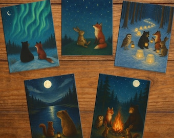 Winter Solstice 5-Card Set, Witchy, Woodland Greeting Cards, Moon & Forest Animals, Nature Art Stationery, Pagan Gift, forestcore