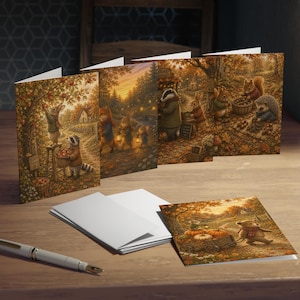 Autumn Equinox Greeting Card Set, Woodland Storybook Cards, Cottagecore Stationery, Harvest Animal Art, Cozy Fall Note Cards, Set of 5