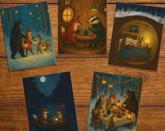 Winter Solstice 5-Card Set, Woodland Greeting Cards, Moon & Forest Animals, Nature Art Stationery, Pagan Gift, Yule Holiday Notecards