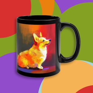 Puede incluir: Una taza de café negra con una pintura colorida de un perro corgi. El perro está sentado y mirando hacia la derecha. El fondo es una mezcla de rojo, naranja, amarillo y azul.