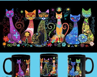 Maximalist, abstract group of colorful Cats gift colorful Cat mugs Cat coffee cups cat lovers girlfriends gift sisters gift
