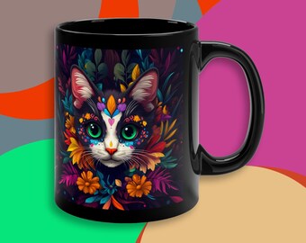 Colorful Day of the Dead Cat gift Sugar skull mugs gift for Day of the Dead art Cat goth Dia de Los Muertos gifts Halloween skeleton Cat