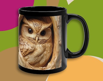 3D-style Owl Mug,Wood Carved Style Owl Art on Black 11oz Mug,Woodland, birding,Nature Lover Gift,Forest Animal Ceramic Mug,gift for birder