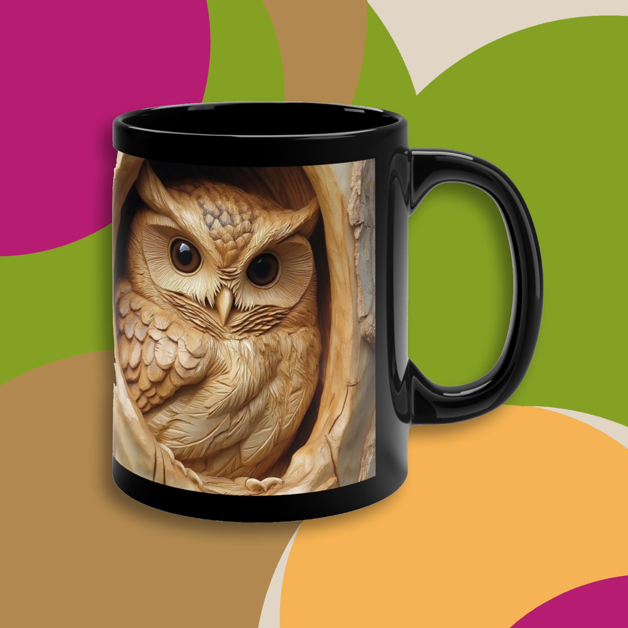 3D-style Owl Mug,Wood Carved Style Owl Art on Black 11oz Mug,Woodland, birding,Nature Lover Gift,For
