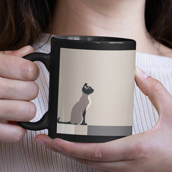 Minimalist Siamese Cat gift Cats gift black Cat gift Cat mugs Cat gift for minimalism art lover Cat coffee cups Cat with wine minimalist art