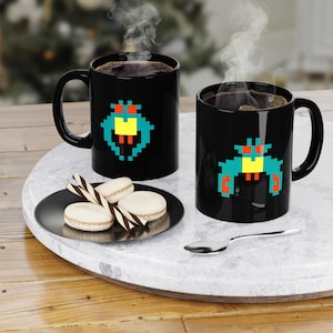 Galaga Alien Mug, Retro 8-Bit Arcade Coffee Cup, Pixel Art Gamer Gift, Black 11oz Nostalgia Mug for Gen X and Vintage Game Fans, 80s 90s