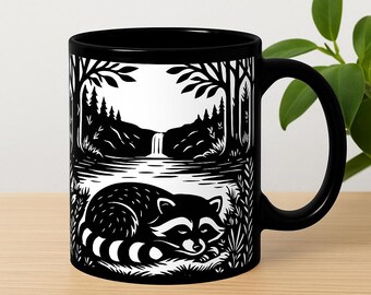 Mug raton laveur des bois, tasse à café en céramique noire avec motif cascade forêt blanche, cadeau pour amoureux de la nature, forestcore