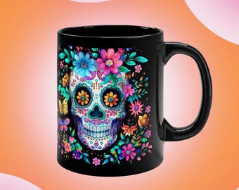 Caneca colorida de caveira de açúcar | Presente do Dia dos Mortos para amantes de café
