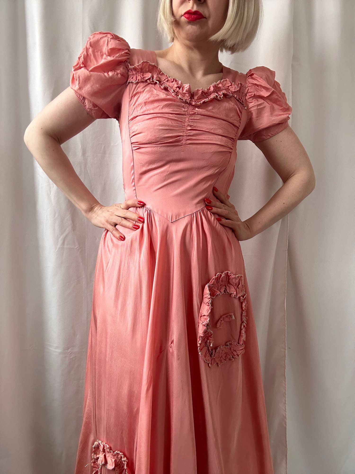 1940s pink dress Vintage 1940s 40s Rosy Pink Acetate Taffeta Ruffle Trim Puff Sleeve Formal  Maxi Dress Gown - XS