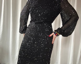 Vintage '80s Black Tie by Oleg Cassini Beaded Silk Long Sleeve Dress - M