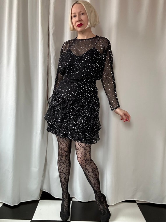 black swiss dot dress Vintage 1980s Night Way Sheer Dolman Sleeve Ruffled Mini 100% Polyester dress_type_Choker Cory V Neck Long Style:N74M3744