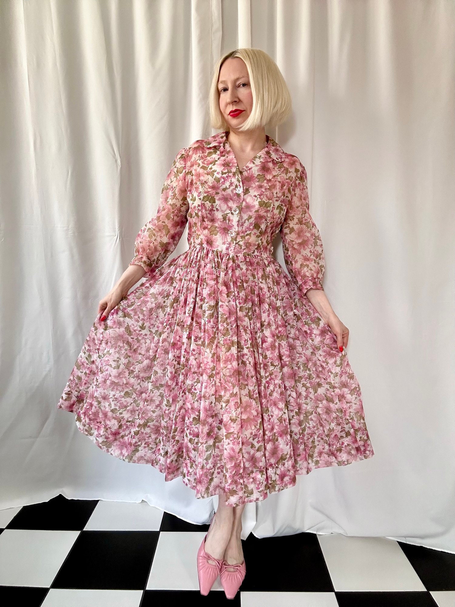 True Vintage 1940s 1950s Pink Floral Sheer Chiffon Shirt