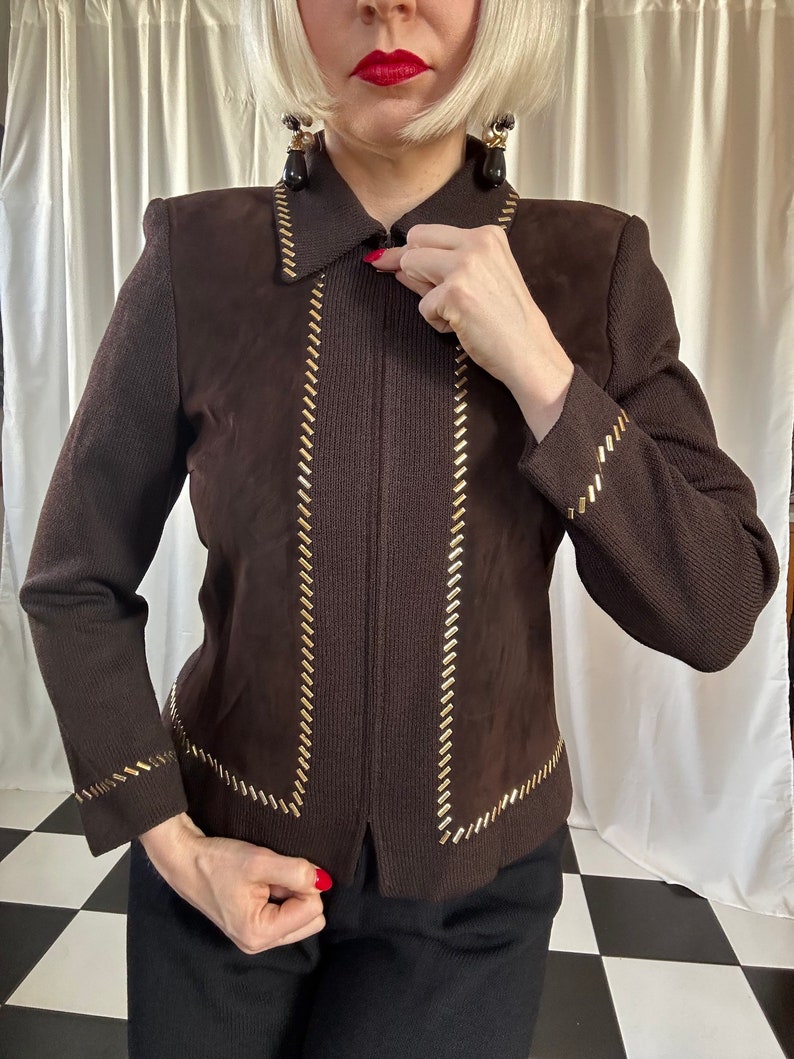 Vintage St. John Collection Chocolate Brown Suede & Knit Studded Zip-up Jacket 4 / S image 5