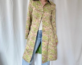 Vintage Y2K DKNY Celery Green Floral Brocade Jacquard Spring Coat Jacket - S / 6