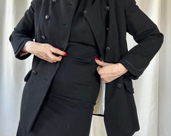 Vintage '60s Anne Lise Madrid Black Wool Coat & Dress Matching Cocktail Set - XS