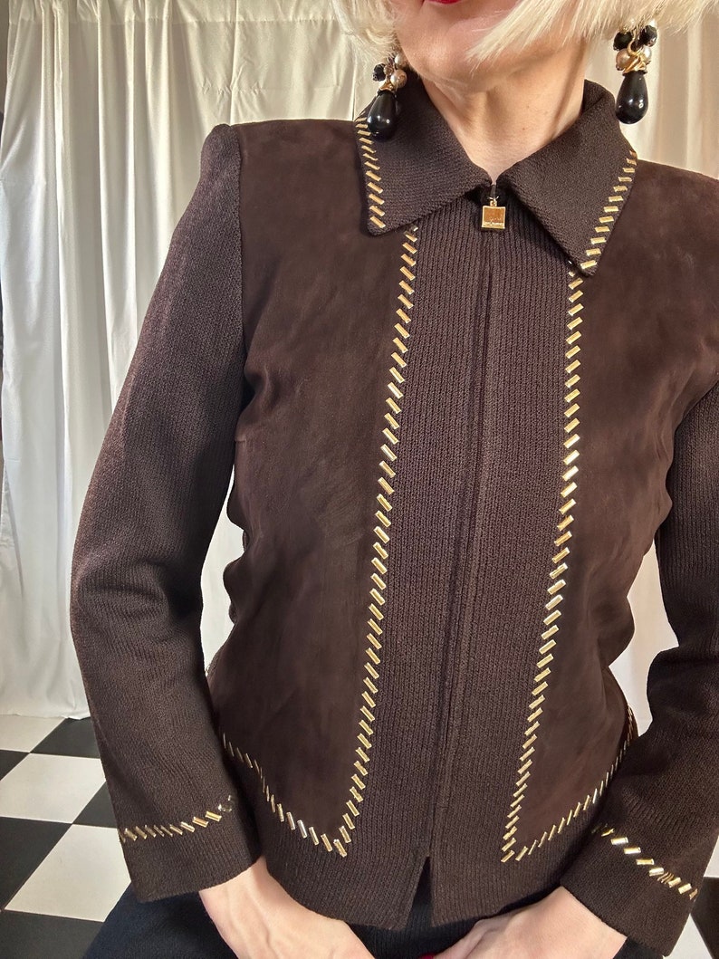 Vintage St. John Collection Chocolate Brown Suede & Knit Studded Zip-up Jacket 4 / S image 6