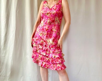 Y2K Ann Taylor Felroze bloemen bias-cut ruche zoom 100% zijden mouwloze jurk - XS / S