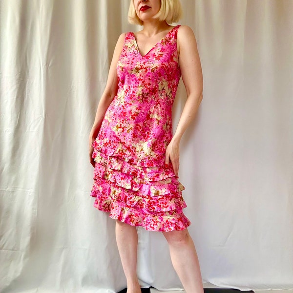 Y2K Ann Taylor Hot Pink Floral Bias Cut Ruffle Hem 100% Silk Sleeveless Dress - XS / S