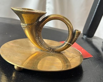 Vintage 1980s Ralph Lauren Solid Brass French Horn Candlestick Holder