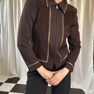 Vintage St. John Collection Chocolate Brown Suede & Knit Studded Zip-up Jacket 4 / S image 2