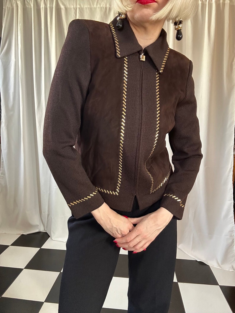 Vintage St. John Collection Chocolate Brown Suede & Knit Studded Zip-up Jacket 4 / S image 2