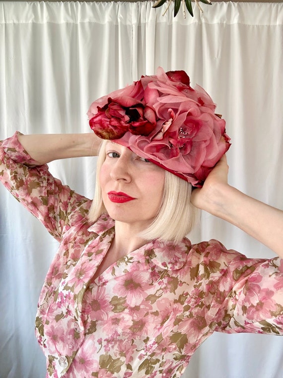 True Vintage 1960s Betmar Fuchsia Pink Silk Organza & Velvet  display picture 3