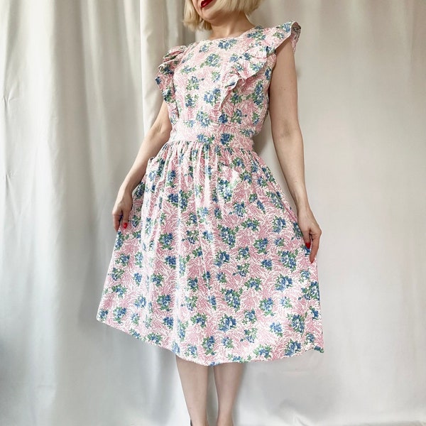 Vintage '40s '50s Pink Green & Blue Floral Cotton Ruffled Sun Dress - M