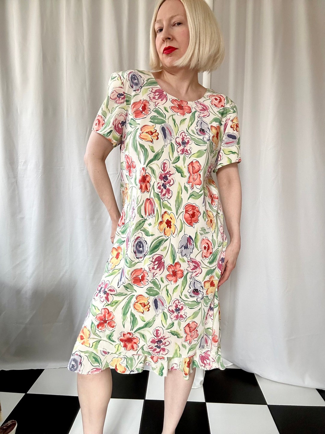 90's Pink, Green and White Floral Print Dress by Liz Claiborne Lizsport Petite
