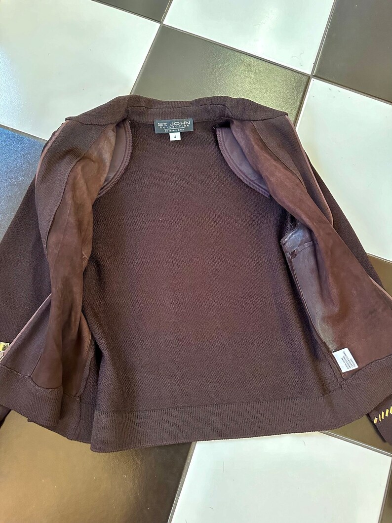 Vintage St. John Collection Chocolate Brown Suede & Knit Studded Zip-up Jacket 4 / S image 10