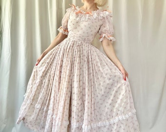 Vintage 1970s Edwardian Victorian Repro Floral Print Cotton Petticoat Gown Maxi Dress - XS