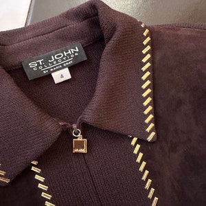 Vintage St. John Collection Chocolate Brown Suede & Knit Studded Zip-up Jacket 4 / S image 9