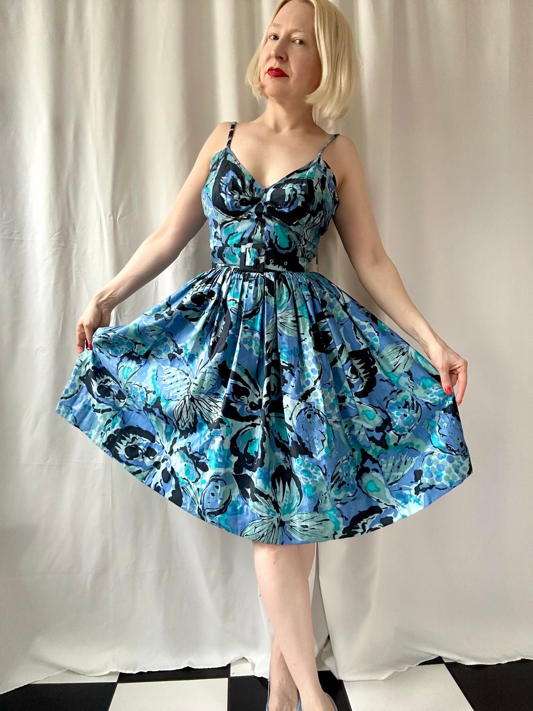 Vintage Blueviolet Butterfly Print V-Neck Sleeveless Midi Dress