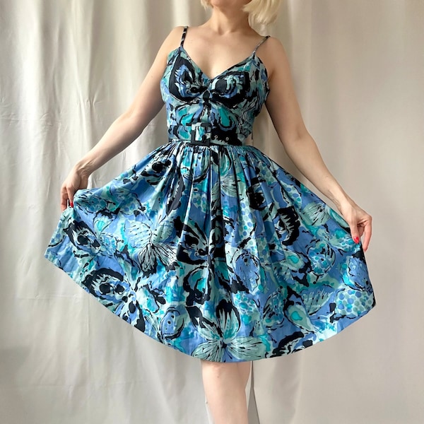 Vintage 1950s Blue Butterfly Print Cotton Cocktail Dress with Matching Belt - XS