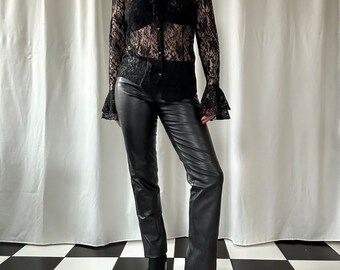 Vintage 80's Black Leather Pants, High Waisted, Tapered Fit