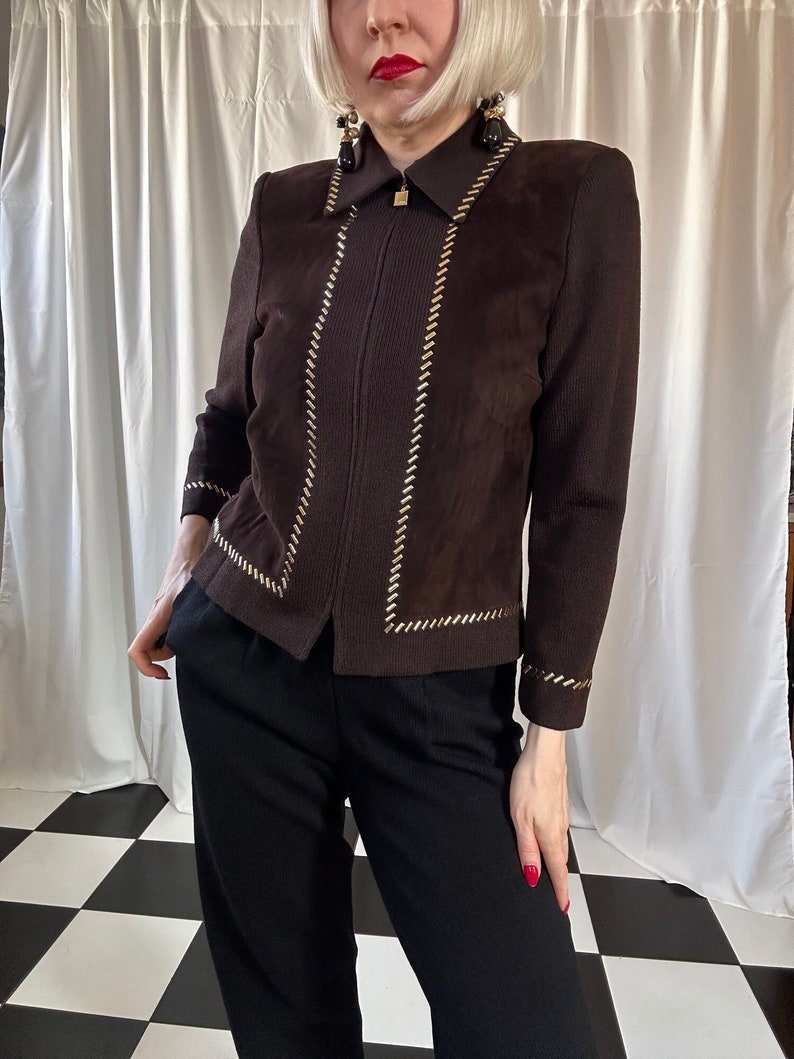 Vintage St. John Collection Chocolate Brown Suede & Knit Studded Zip-up Jacket 4 / S image 1