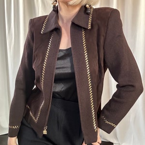 Vintage St. John Collection Chocolate Brown Suede & Knit Studded Zip-up Jacket 4 / S image 8