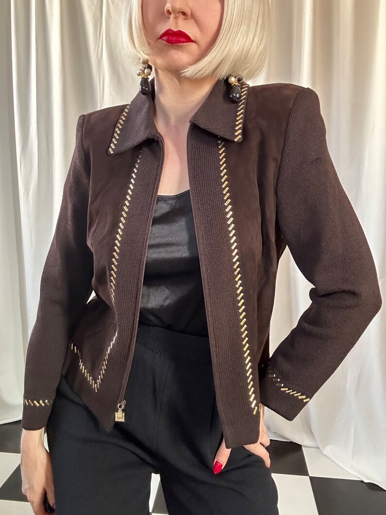 Vintage St. John Collection Chocolate Brown Suede & Knit Studded Zip-up Jacket 4 / S image 8
