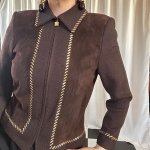 Vintage St. John Collection Chocolate Brown Suede & Knit Studded Zip-up Jacket 4 / S image 4