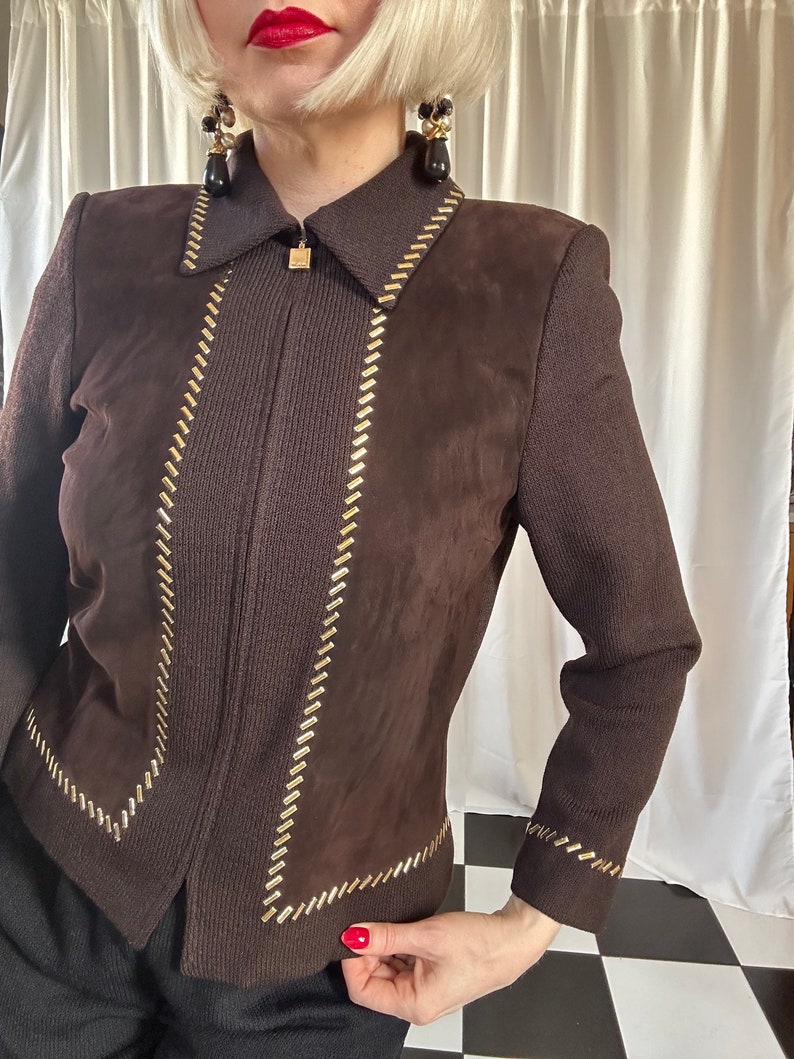 Vintage St. John Collection Chocolate Brown Suede & Knit Studded Zip-up Jacket 4 / S image 4