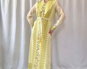 Vintage '70s Alfred Shaheen Yellow Floral Long Sleeve Maxi Dress - M / L