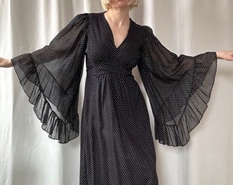 Vintage '70s Black & White Swiss Dot Angel Sleeve Maxi Dress - XS / S